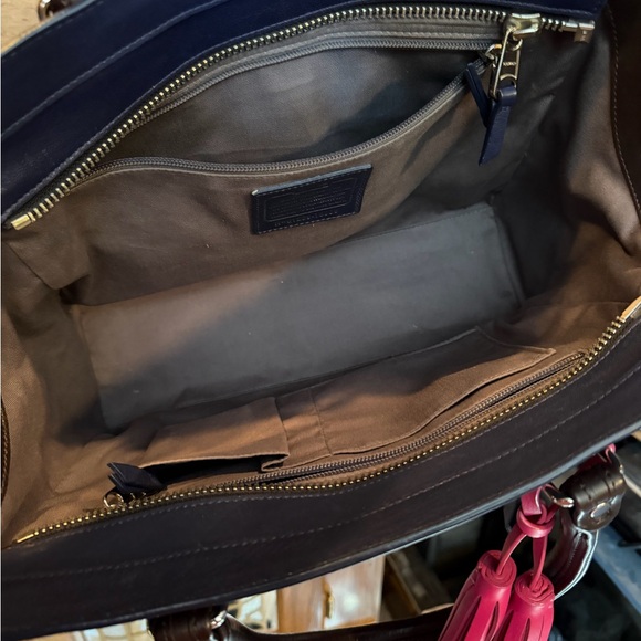 Coach Colorblock Leather Tote in Navy Blue and Hot Pink with Dark Brown Handles - Picture 3 of 6